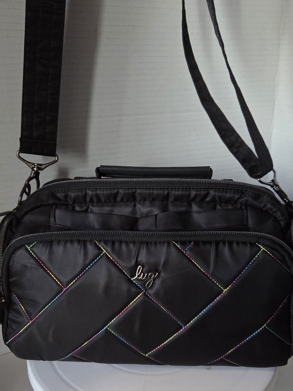 Lug Black Trolley EB Oblong Bag With Rainbow Stitching.